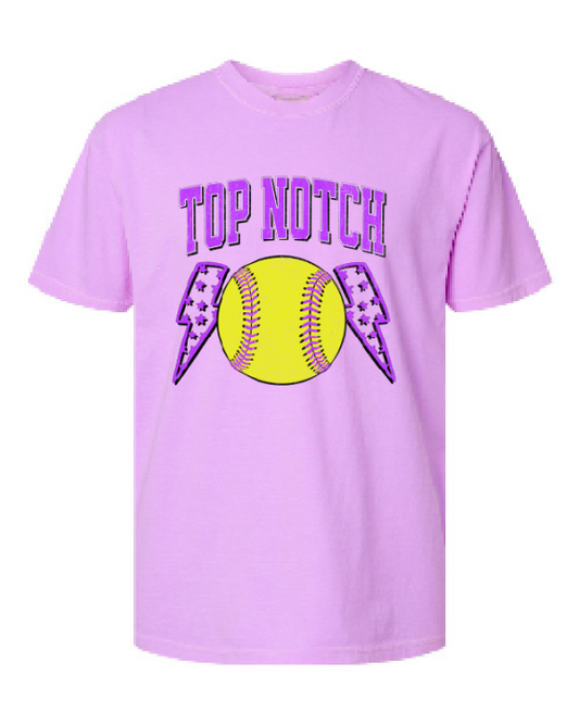 Top Notch Softball Short Sleeve distressed Purple Bolt.  (Neon Violet and Violet are Comfort Colors)