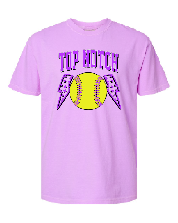 Top Notch Softball Short Sleeve Purple Bolt.  (Neon Violet and Violet are Comfort Colors)