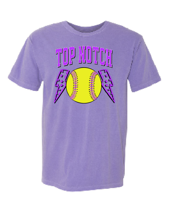 Top Notch Softball Short Sleeve Purple Bolt.  (Neon Violet and Violet are Comfort Colors)
