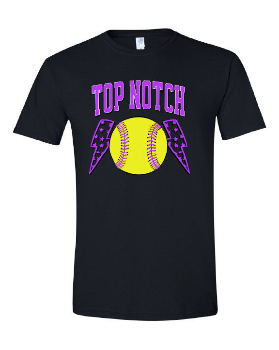 Top Notch Softball Short Sleeve Purple Bolt.  (Neon Violet and Violet are Comfort Colors)