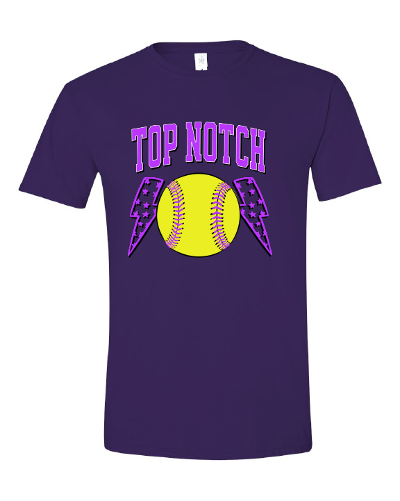 Top Notch Softball Short Sleeve Purple Bolt.  (Neon Violet and Violet are Comfort Colors)