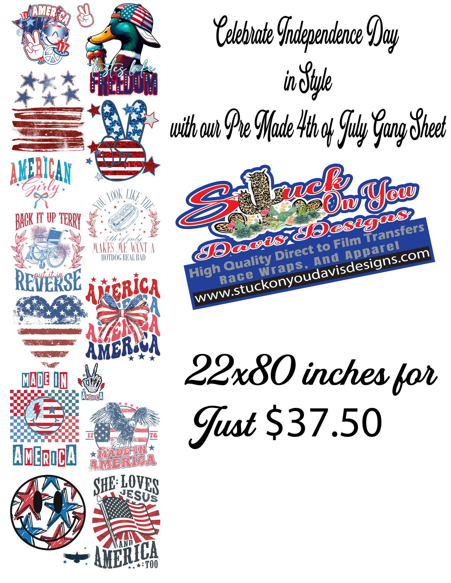 Independence Day Pre Made Gang Sheet 22x80 inches