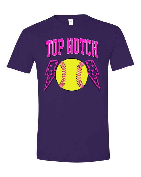 Top Notch Softball Short Sleeve Pink Bolt.  (Neon Violet and Violet are Comfort Colors)