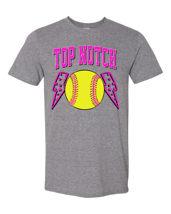 Top Notch Softball Short Sleeve Pink Bolt.  (Neon Violet and Violet are Comfort Colors)