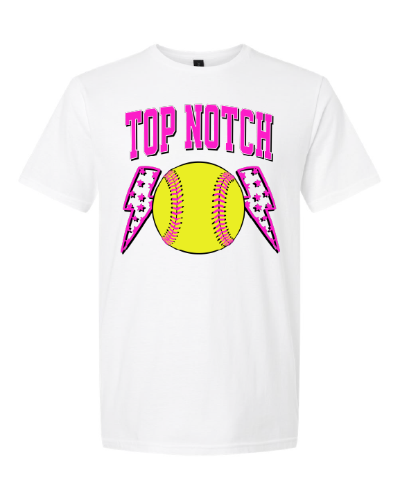 Top Notch Softball Short Sleeve Pink Bolt.  (Neon Violet and Violet are Comfort Colors)