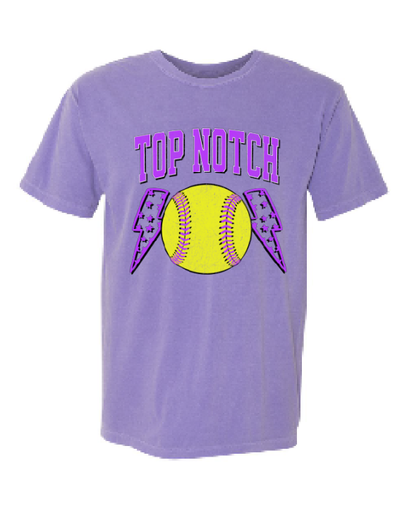 Top Notch Softball Short Sleeve distressed Purple Bolt.  (Neon Violet and Violet are Comfort Colors)