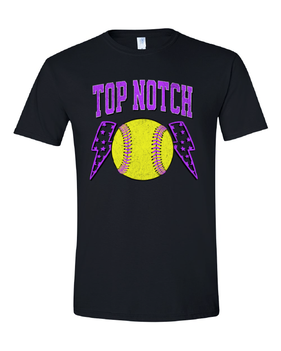 Top Notch Softball Short Sleeve distressed Purple Bolt.  (Neon Violet and Violet are Comfort Colors)