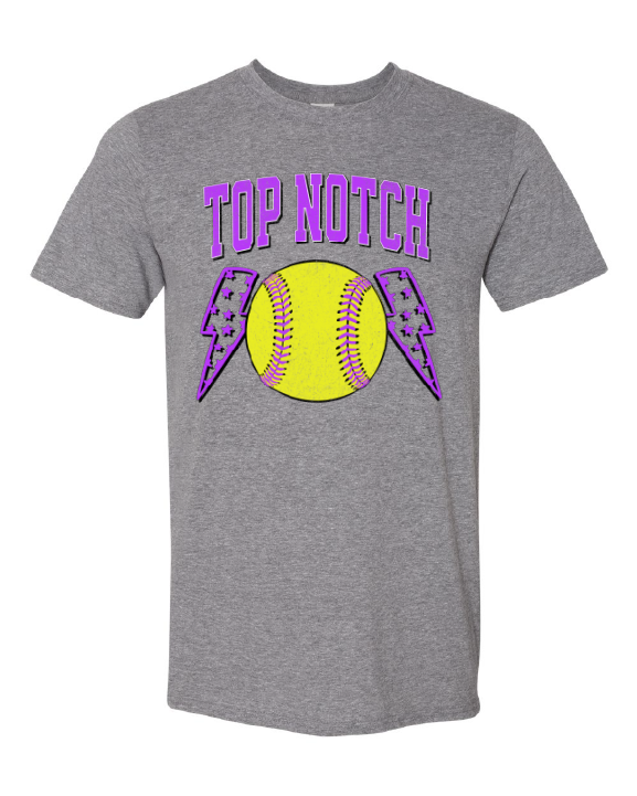 Top Notch Softball Short Sleeve distressed Purple Bolt.  (Neon Violet and Violet are Comfort Colors)