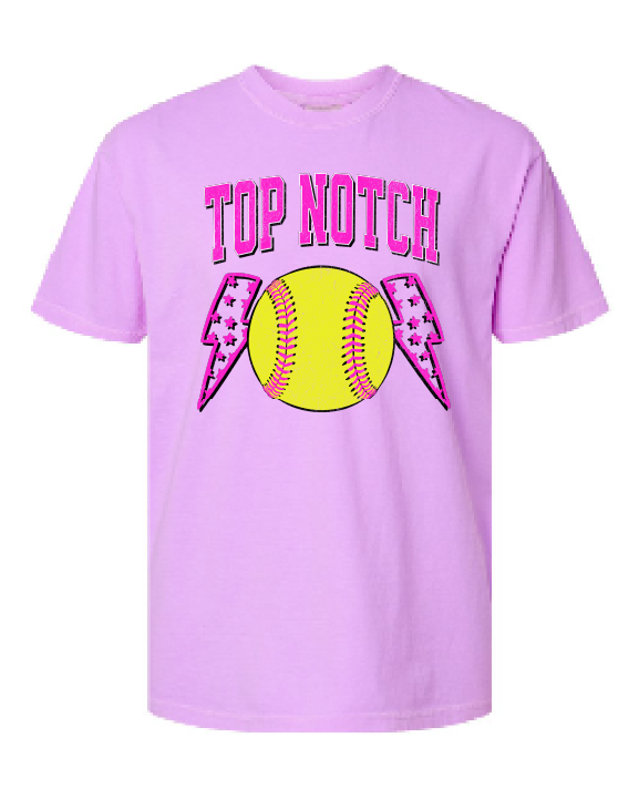 Top Notch Softball Short Sleeve Pink Bolt Distressed (Neon Violet and Violet are Comfort Colors)