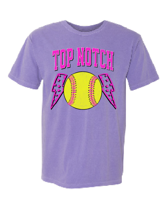 Top Notch Softball Short Sleeve Pink Bolt Distressed (Neon Violet and Violet are Comfort Colors)