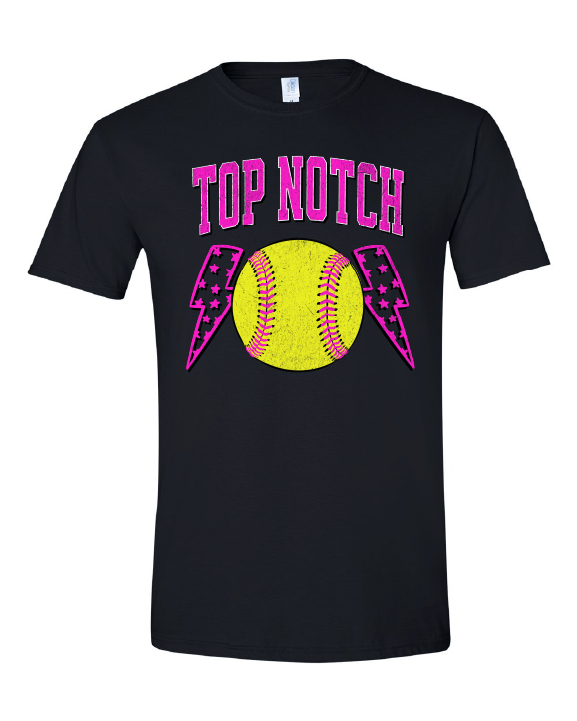 Top Notch Softball Short Sleeve Pink Bolt Distressed (Neon Violet and Violet are Comfort Colors)