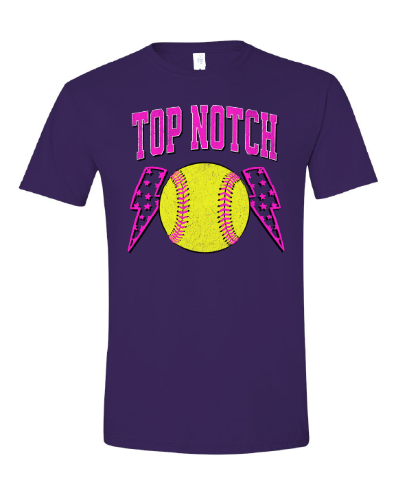 Top Notch Softball Short Sleeve Pink Bolt Distressed (Neon Violet and Violet are Comfort Colors)