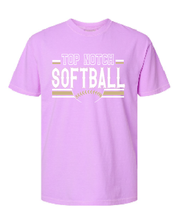 Top Notch Softball Stripes gold & white Short Sleeve (Neon Violet and Violet are Comfort Colors)