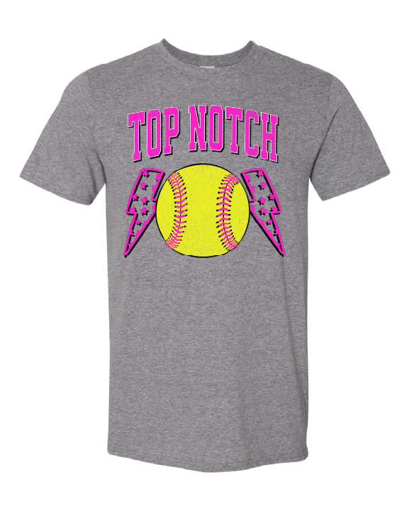 Top Notch Softball Short Sleeve Pink Bolt Distressed (Neon Violet and Violet are Comfort Colors)