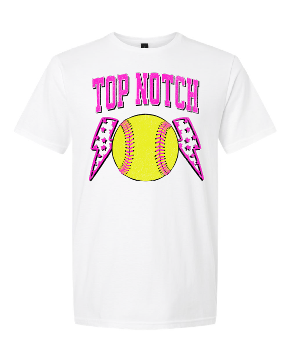 Top Notch Softball Short Sleeve Pink Bolt Distressed (Neon Violet and Violet are Comfort Colors)