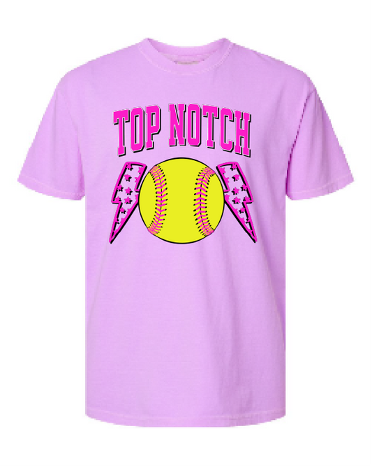 Top Notch Softball Short Sleeve Pink Bolt.  (Neon Violet and Violet are Comfort Colors)
