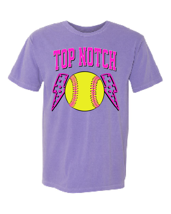 Top Notch Softball Short Sleeve Pink Bolt.  (Neon Violet and Violet are Comfort Colors)