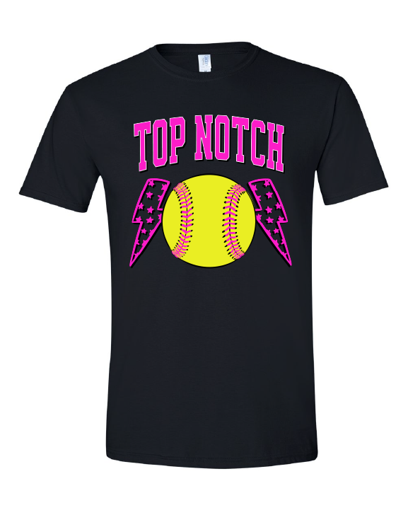Top Notch Softball Short Sleeve Pink Bolt.  (Neon Violet and Violet are Comfort Colors)